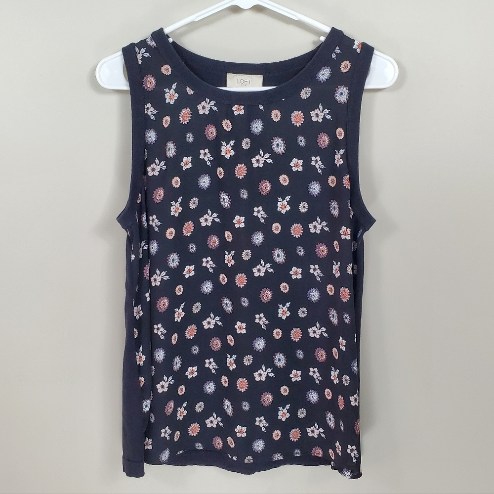 LOFT Size M Black Floral Flowy Sleeveless Tank Top